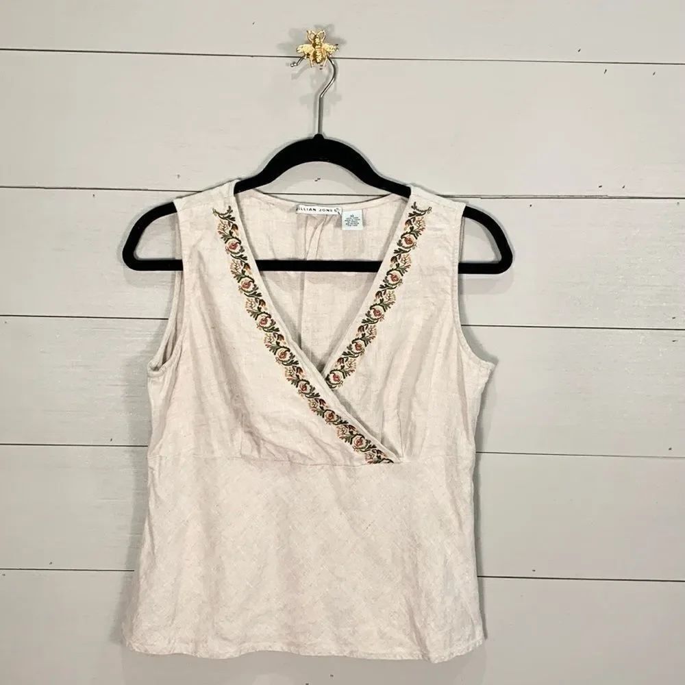 Jillian Jones linen floral embroidered sleeveless cross bust blouse woman’s 10